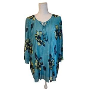 Catherine's Pleated Floral Top Women 2X Blue Preppy Career Feminine Bohemian